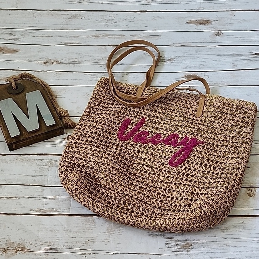 *PRICE DROP*
Time and Tru Tan Woven Tote with "Vacay" in Purple